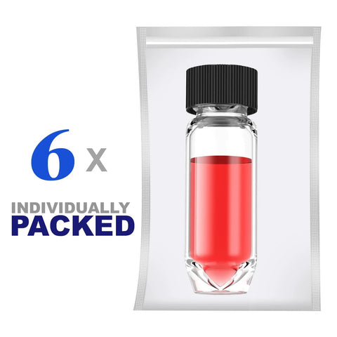 High recovery vial with 9-425 screw cap, borosilicate glass, 4mL, 6x individually packed, clear vial with red liquid