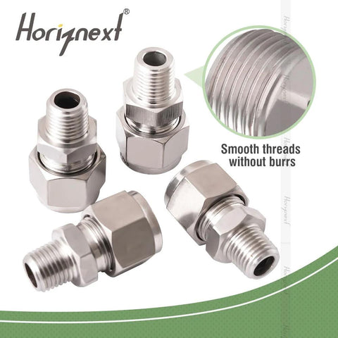 Horiznext stainless steel 304 compression fittings, 1/4 in OD to 1/4 in NPT male coupler, pack of 2