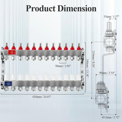 AB 12-loop PEX radiant manifold with 1/2 inch outlets, red supply valves and blue return valves, dimension diagram.