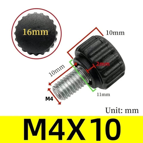 Close-up of a 20 Pack M4 By 10mm Knurled Thumbscrews for VESA Mounts and Monitors, showing dimensions and carbon steel clamping knob.