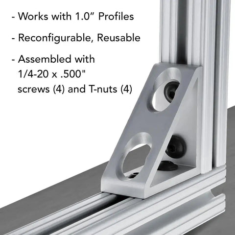 Heavy Duty 90 Degree Aluminum Corner Gusset L Bracket for 80 By 20 Extrusion installed with screws and T-nuts