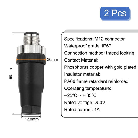 Two Pack M12 4 Pin Male Aviation Connector Wire Plug A Coding 12mm Circular Sensor Connector Waterproof IP67 shown with dimensions