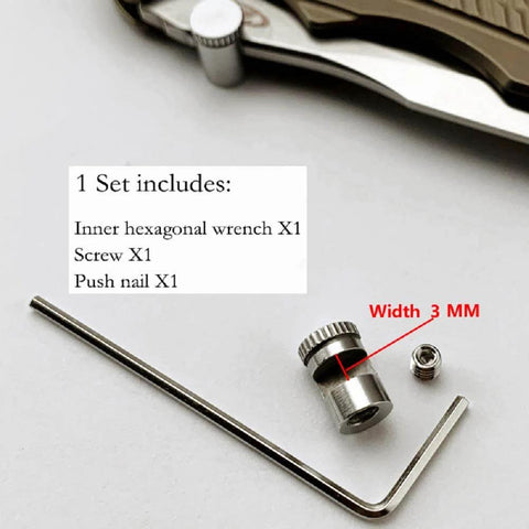 3 Pack Thumb Stud Replacement For Buck 110 Knife With Hex Wrench in Black Silver Brass Colors, showing components and a folding knife.