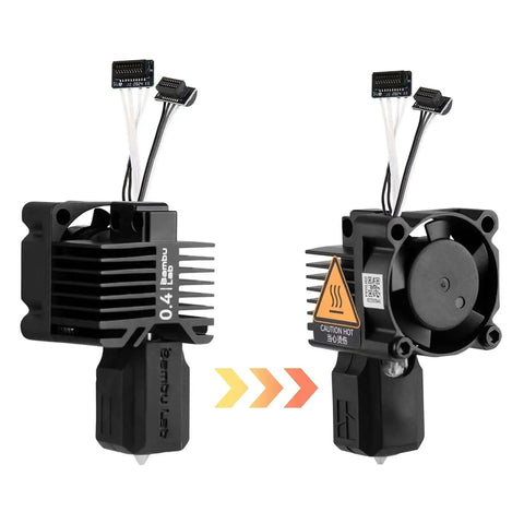 Front and back view of P1P and P1S Hotend Kit for P1 Series 3D Printer, showing hardened steel hot end, fan, 0.4mm nozzle.