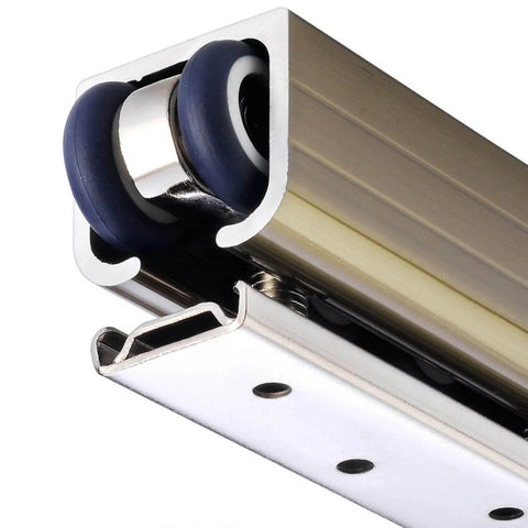 Close-up of Heavy Duty Aluminum Pocket Door Hardware Kit With Quiet Rollers and Eight Wheel Hanger Brackets on ceiling mount track.
