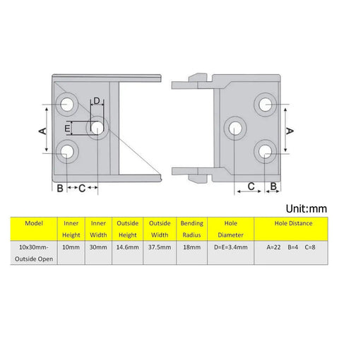 Technical diagram of Open Type Drag Chain Cable Carrier 10x30mm, 1 Meter Length, Black Plastic, R18 With End Connectors dimensions