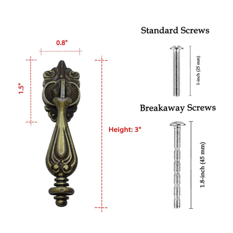 Antique Brass Drop Pull Handles 4 Pack Featuring Ornate Pendant Drawer Knobs With European Scrollwork Base, shown with screw dimensions