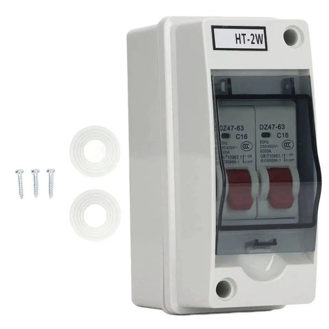 16A DC Miniature Circuit Breaker For DIN Rail Mount 2 Pole Leakage Protector in outdoor waterproof distribution box with transparent cover