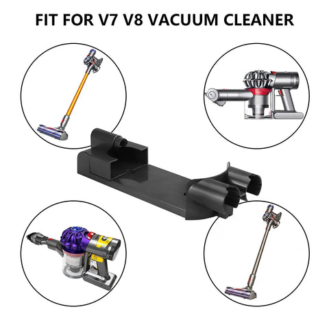 Wall-mount docking station for Dyson V7/V8 cordless vacuum; black plastic mount with attachment slots.