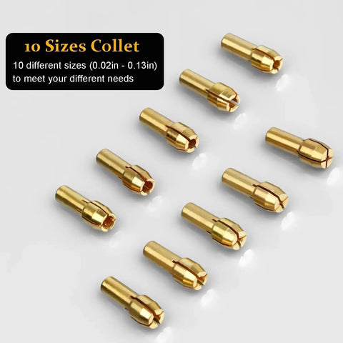 Ten brass collets from 28 Piece Drill Chuck Collet Set For Dremel Rotary Tools 1/32 To 1/8 Inch Replacement 4486 Keyless Chucks