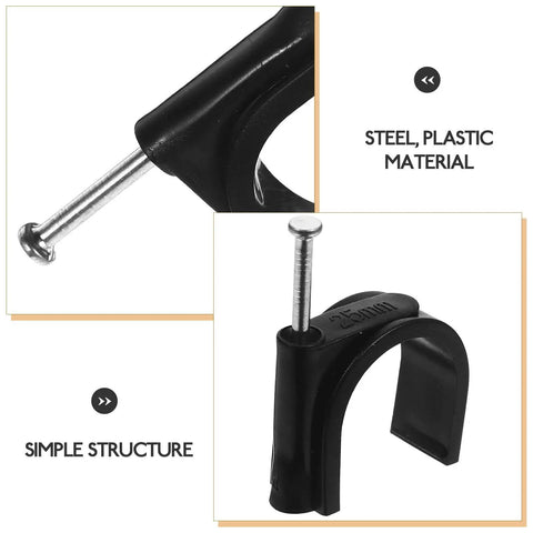 Close-up of 100 Pack 25Mm Half Clamp Fixtures With Steel Nails for Cable Management and Industrial Workholding, showing plastic and steel material.