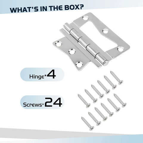Front view of 4-pack stainless steel butterfly hinge with 24 mounting screws for RV/mobile home interior (Amazon)