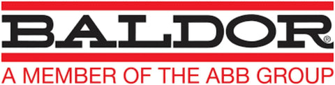 Baldor logo, a member of the ABB Group, black and red text on white background
