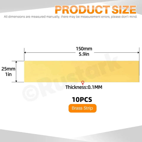 10 Piece Brass Strip Assortment Kit With Handy Brass Shim Sheets For Metalworking And DIY Projects, 1 Inch Wide By 5.9 Inch Long, 0.004 Inch Thick, Durable And Reliable Shims - Diagram of strip showing dimensions 150mm x 25mm x 0.1mm