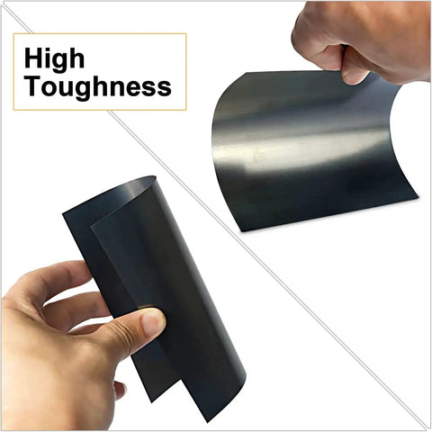 Hands holding Spring Steel Shim Sheet Set 1095 Blue Tempered Polished Finish showing flexibility and toughness, 6 pcs