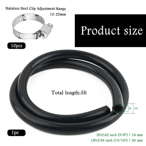 Coiled 5 ft black rubber heater hose, 5/8 in ID (16 mm), 15/16 in OD (24 mm); includes 10 stainless clamps.