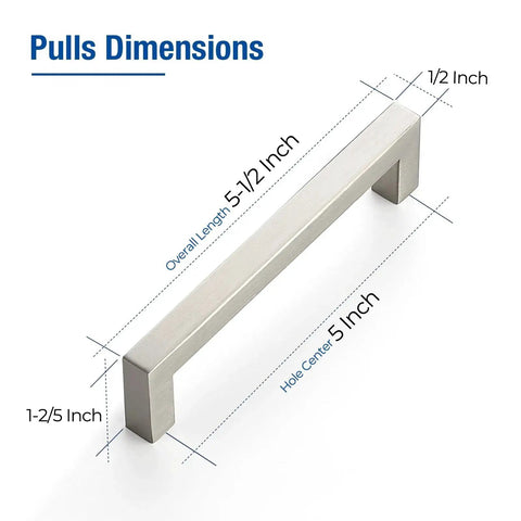 8 Pack Brushed Nickel Cabinet Handles 5 Inch Square Drawer Pulls Stainless Steel With 128mm Hole Centers dimensions diagram