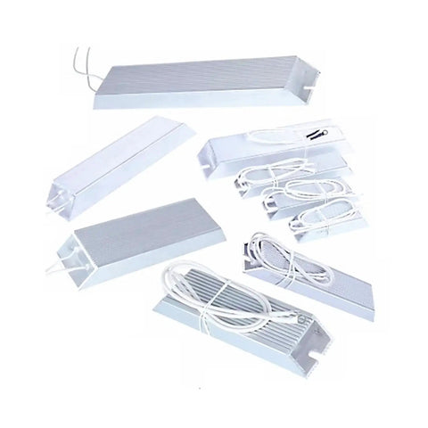 Group of aluminum-shell power resistors with cooling fins and white lead wires for automotive high‑power use