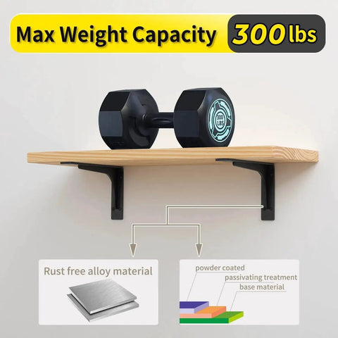 Heavy Duty L Shape Shelf Brackets Pack Of 2 Strong Metal Shelf Supports With 300lbs Max Load Corner Brace installed with dumbbell
