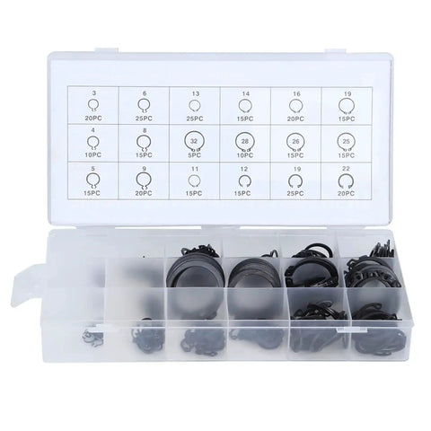 300 Piece Durable External Circlip Kit Retaining Ring Set For Bearings, Gears And Pulleys in a plastic storage case with compartments