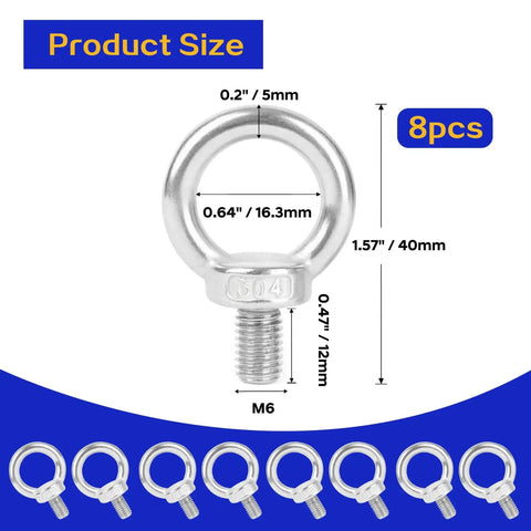 8 Pack M6 Eye Bolts, Beefy Heavy Duty Stainless Steel Eyebolts For Lifting Machinery And Outdoor Use, showing dimensions and set of 8.