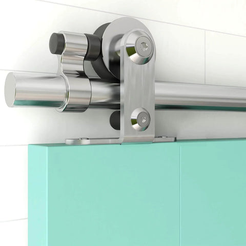 Close up of Top Mount 10 Foot Sliding Barn Door Hardware Kit in stainless steel with heavy duty track for double wood doors.