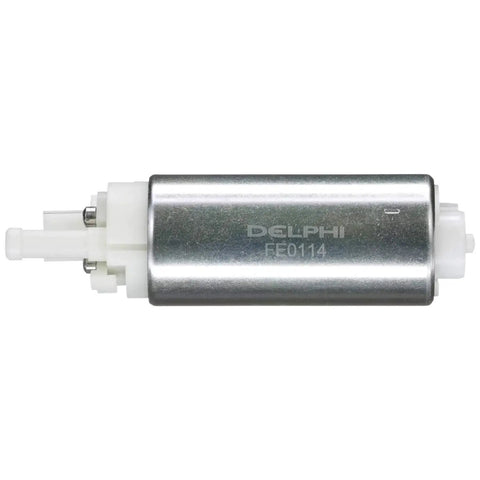 Electric Fuel Pump Motor For Cars High Performance Replacement With Quick Start Temperature Resistant Durability Reduces Low Fuel Hesitation Compatible With Gas And Alcohol Blends Reliable Engine Start, shown in metal casing side view.