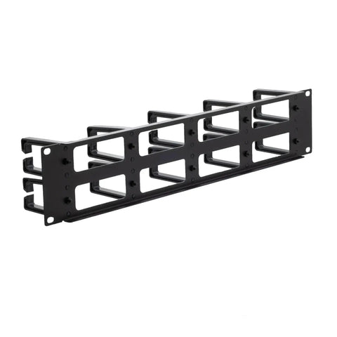 2U Horizontal Cable Management Panel with 5 plastic rings and steel base, front view, fits standard 19 inch racks for neat routing
