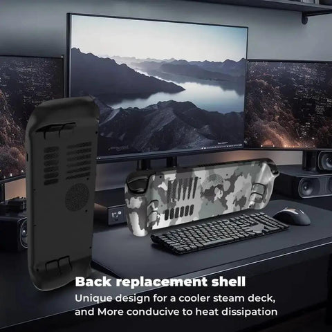 Premium Beefed Up Replacement Back Plate Shell Cover For Steam Deck shown near computer setup