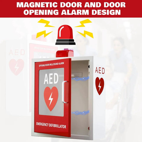 AED Defibrillator Cabinet Wall Mount With Alarm And Clear Window Durable Steel Storage Box With Handle And Magnetic Lock