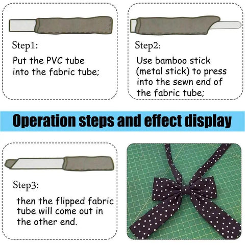 Steps demonstrating use of Fast Turn Fabric Tube Turners Set For Sewing DIY By YEQIN with fabric and finished bow product.