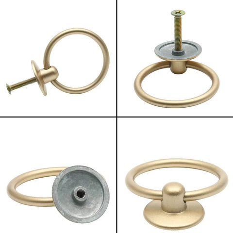 5 Pack Gold Ring Drawer Pulls With Screws, Brass Cabinet Handles Drop Knobs, European style, shown from various angles