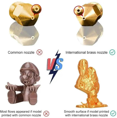 Comparison of common nozzle vs international brass nozzle for 3D printers with smoother print quality shown in figures