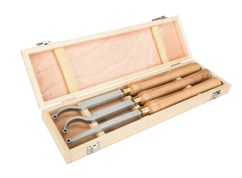 Six Piece Mini Lathe Tool Set With Carbide Tips For Wood Turning On A Small Lathe Roughing Finishing Detail Work And Hollowing Includes Straight Round Diamond And Three Hollowing Bits in wooden case.