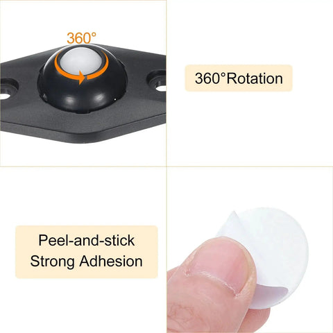 Self Adhesive Caster Wheels Set 24 Pieces With 360 Degree Swivel Mini Caster Rollers showing rotation and peel-and-stick adhesive
