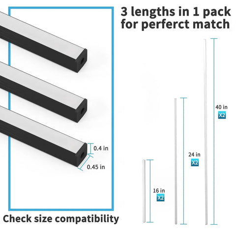 Diagram of 6 Piece Self Adhesive LED Recessed Lighting Kit with 3000K touch switch showing three lengths (16, 24, 40 inch).