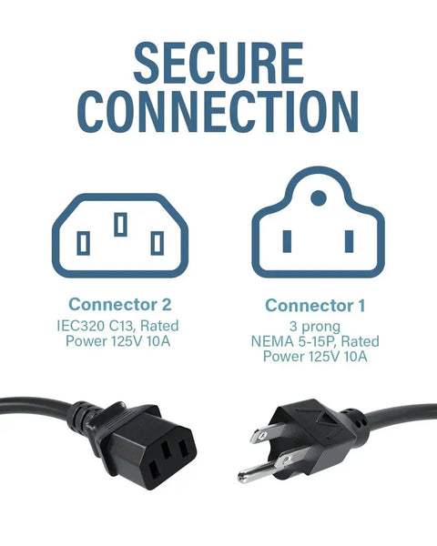 10 Foot Shielded Replacement AC Power Cord NEMA 5 15P To IEC 320C13 Cable for electronics and computers, connector details