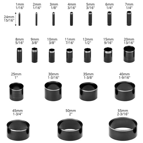 Leather Circle Cutter Tool Set With 21 Piece Pro Grade High Carbon Steel Punch Kit showing various size cutting dies.