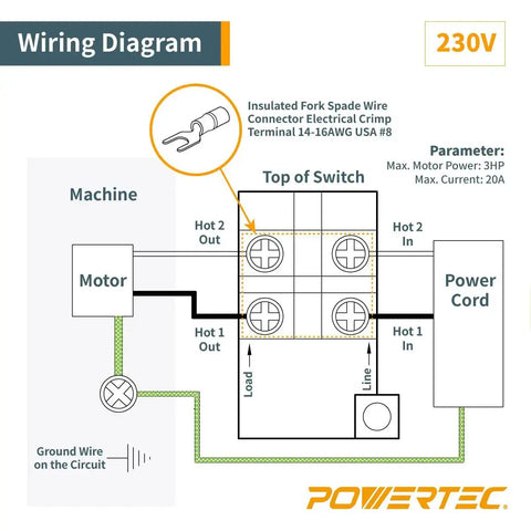 Wiring diagram for Dual Voltage Paddle Switch For Woodworking Tools 120 To 230V 28 Amp Single Phase On Off With Screws