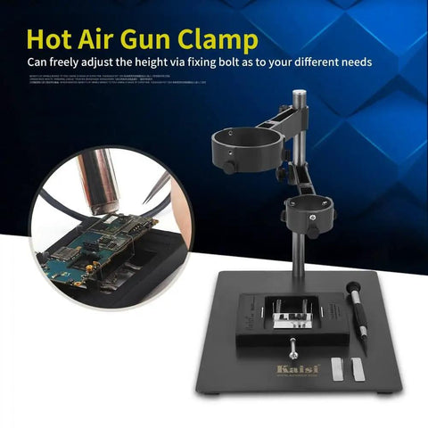 Sturdy Adjustable Hot Air Gun Holder With Cast Aluminum Base Clamp And Two Fixtures For BGA Rework Soldering Station Flexible Desktop Mount For Hands Free Soldering with black design and tool slots, close-up view of circuit board.