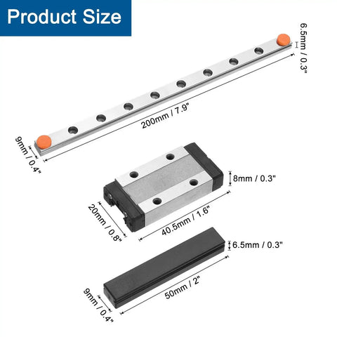 MGN9 200mm Linear Guide Rail Kit with MGN9H Carriage Block and Mini MGN12 Guide for DIY 3D Printers and CNC Machines dimensions