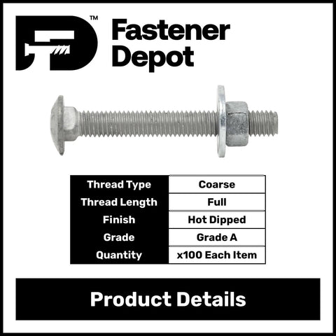 1/4-20 Inch Galvanized Carriage Bolt Kit For Exterior Use Grade A Coarse Full Thread 1-3/4 Inch Length 100 Pack displayed