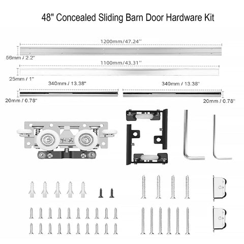 48 Inch Concealed Sliding Barn Door Hardware Kit for Interior Wooden Doors, components shown including track and fasteners