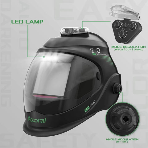 Side view of Panoramic Auto Darkening Welding Helmet With True Color Vision And Solar Powered Operation Four Arc Sensors Wide Shade Range Four Five Nine 13 For TIG MIG Arc Cutting Large Viewing Screen Measuring Four Point Three One By Three Point Eight Two Inches.