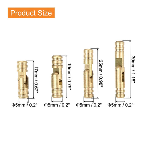 Concealed Brass Barrel Hinges Set, 16 Pcs, 17x5mm 19x5mm 25x5mm 30x5mm sizes shown, rust resistant copper construction.