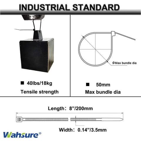 Industrial diagram showing Heavy Duty 8 Inch Green Cable Zip Ties 100 Pack tensile strength of 40lbs and max bundle diameter of 50mm.