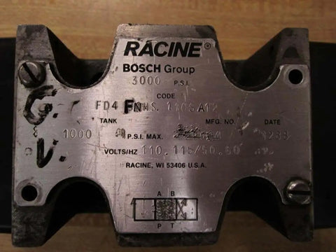 Label on FD4-FNHS-110SA12 Industrial Hydraulic Solenoid Valve at 3000 PSI, 110/115V 50/60Hz Power, Racine control systems