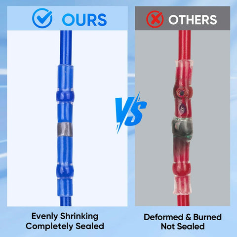 Two solder-seal butt connectors: blue insulated sealed on blue wire; red deformed and burnt on red wire.