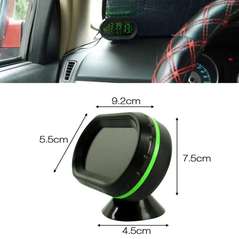 Car Digital Thermometer Clock With Dual Temperature Gauge And LED Backlight shown on dashboard, product dimensions labeled.