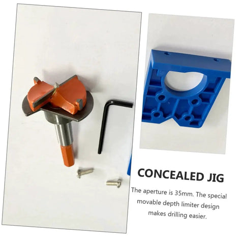 Hinge Boring Hole Drill Bit Positioner For Precise Woodworking And Furniture Cabinet Hinges Grab And Go Easy To Use Portable Lightweight Tool With Visible Alignment And Included Hole Puncher For Clean Concealed Installations showing close-up of orange drill bit and blue alignment jig
